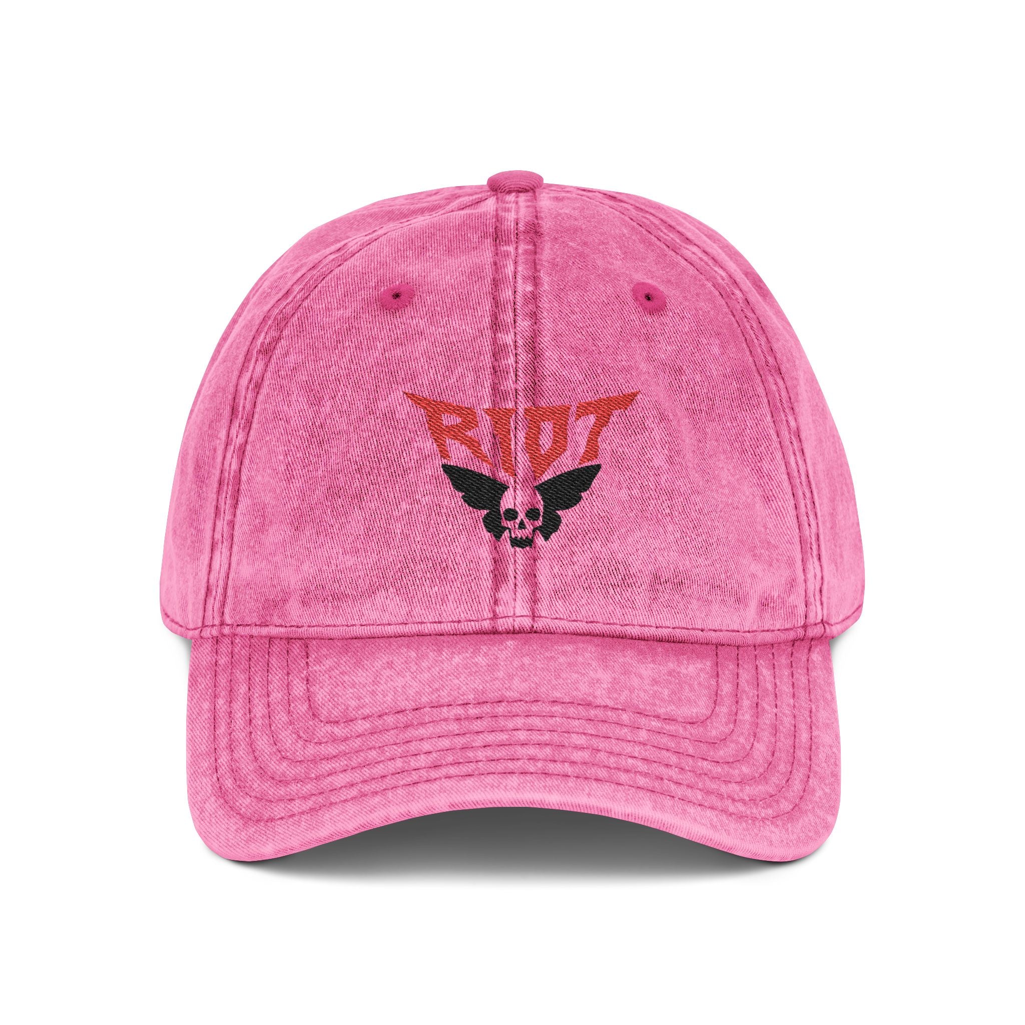 Vintage Embroidered Cap — 'RIOT' Skull Logo Distressed Baseball Hat