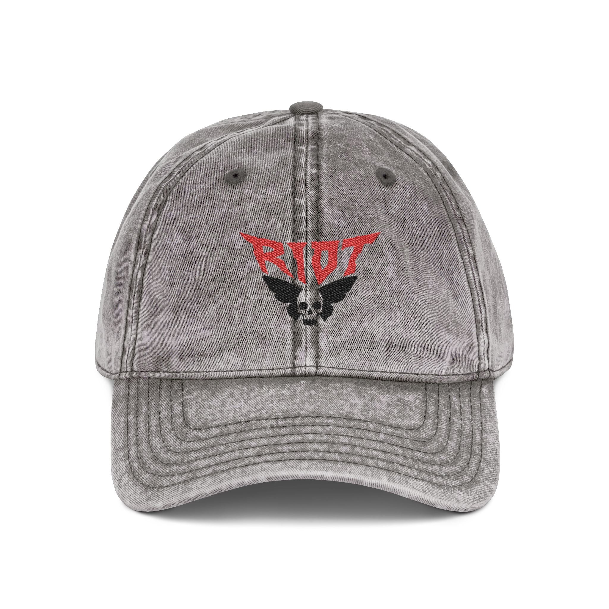 Vintage Embroidered Cap — 'RIOT' Skull Logo Distressed Baseball Hat