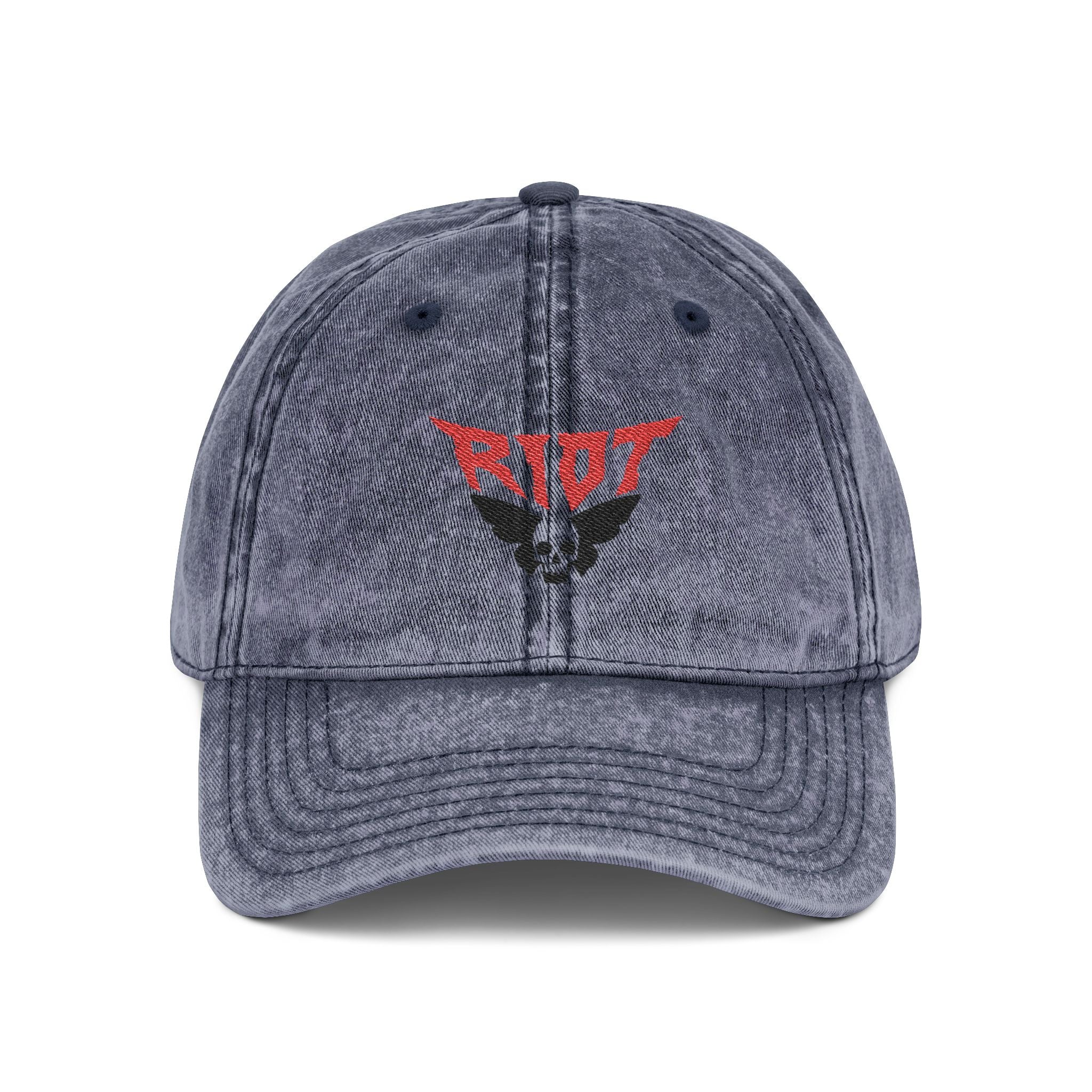 Vintage Embroidered Cap — 'RIOT' Skull Logo Distressed Baseball Hat