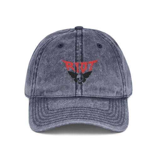 Vintage Embroidered Cap — 'RIOT' Skull Logo Distressed Baseball Hat