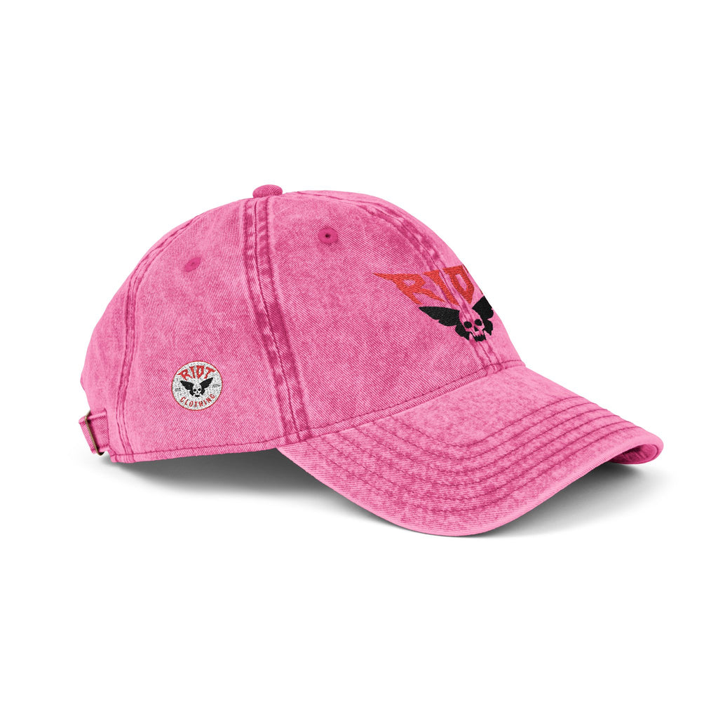 Vintage Embroidered Cap — 'RIOT' Skull Logo Distressed Baseball Hat