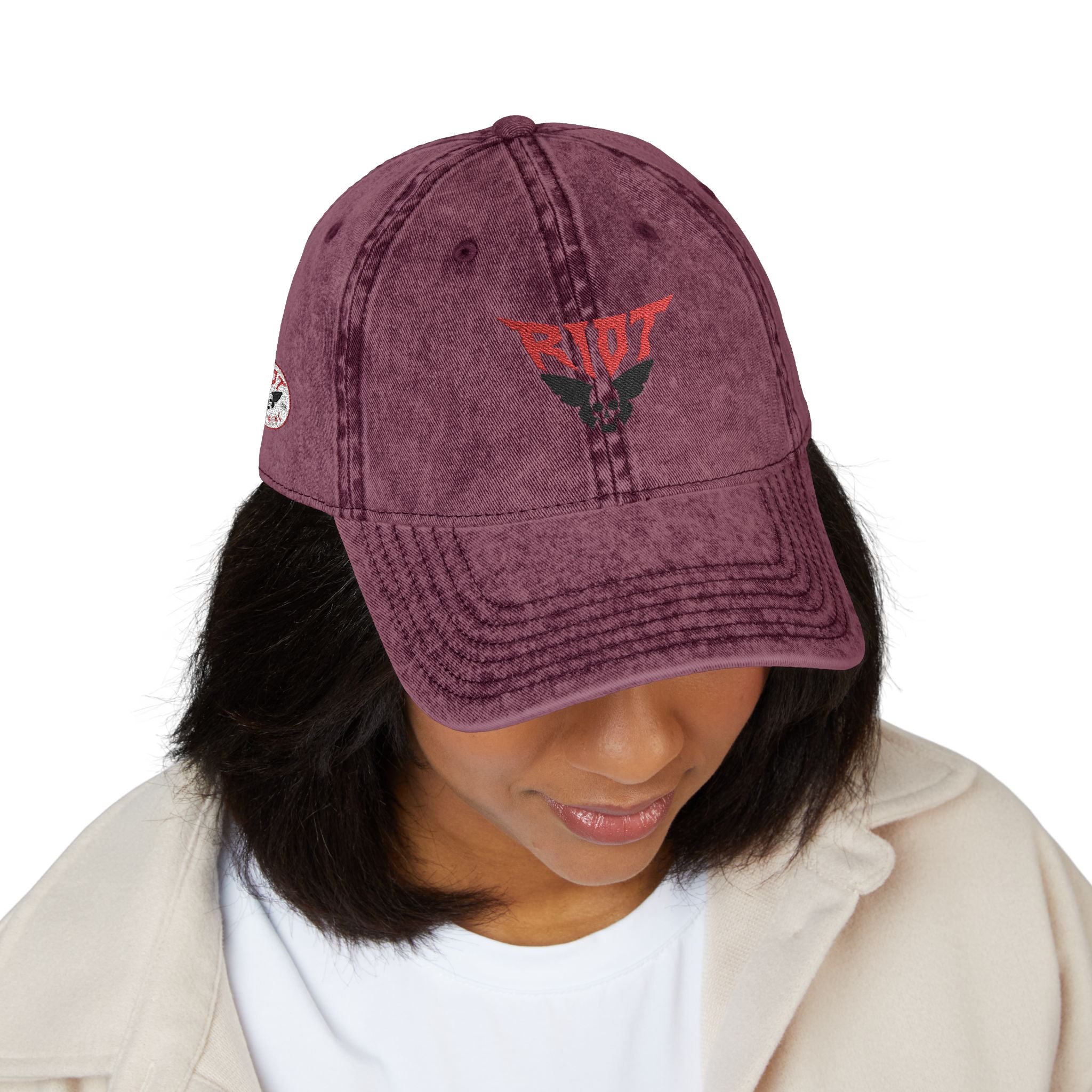 Vintage Embroidered Cap — 'RIOT' Skull Logo Distressed Baseball Hat