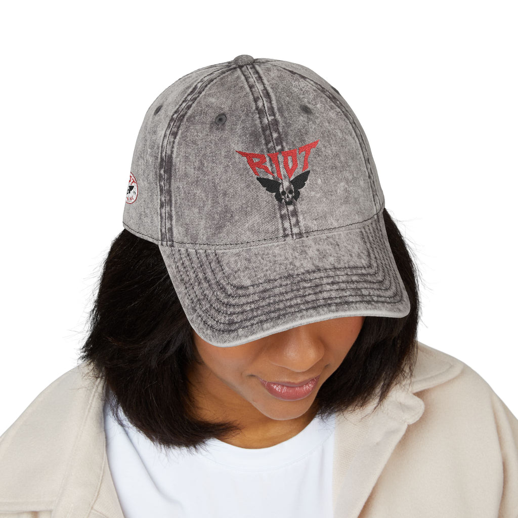Vintage Embroidered Cap — 'RIOT' Skull Logo Distressed Baseball Hat