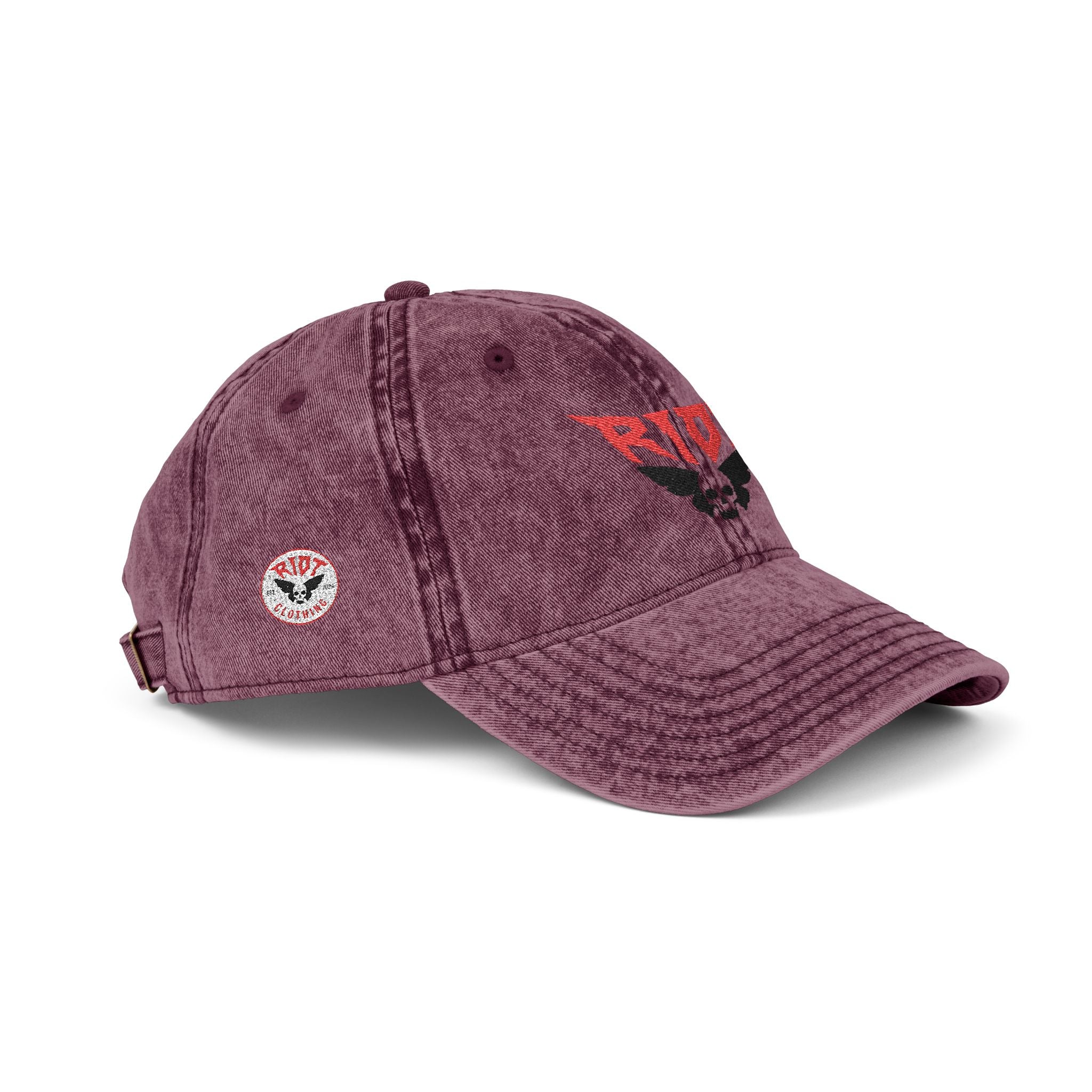 Vintage Embroidered Cap — 'RIOT' Skull Logo Distressed Baseball Hat