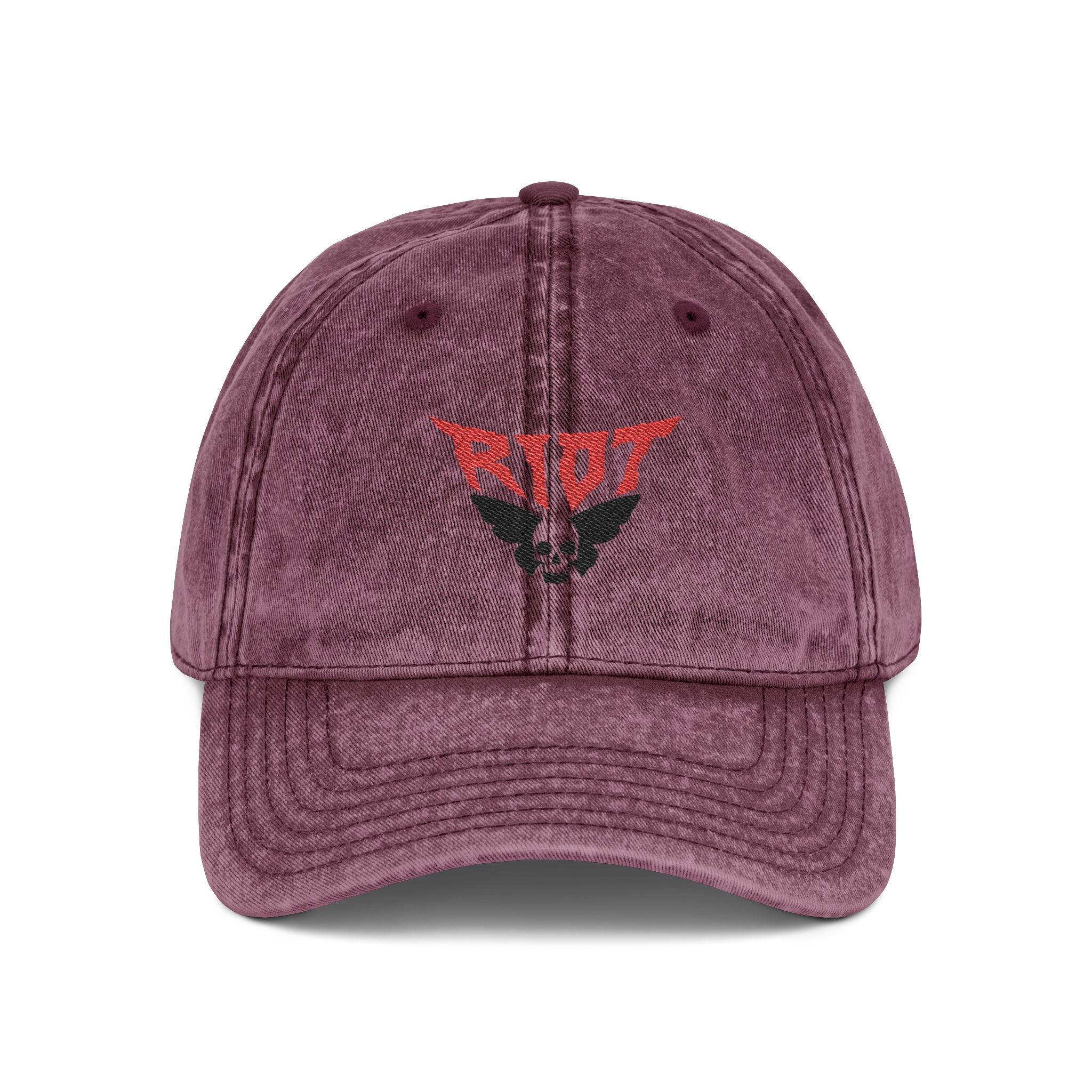 Vintage Embroidered Cap — 'RIOT' Skull Logo Distressed Baseball Hat