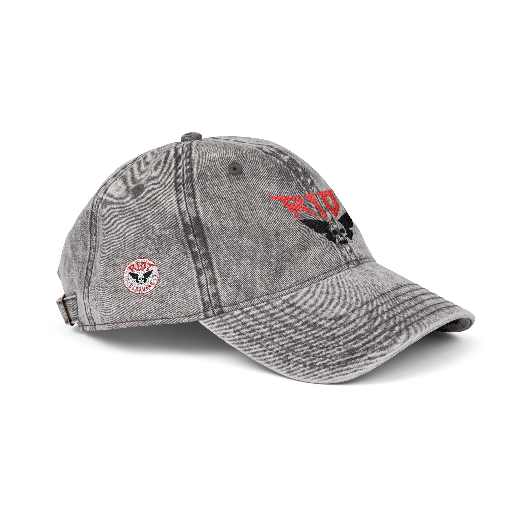Vintage Embroidered Cap — 'RIOT' Skull Logo Distressed Baseball Hat
