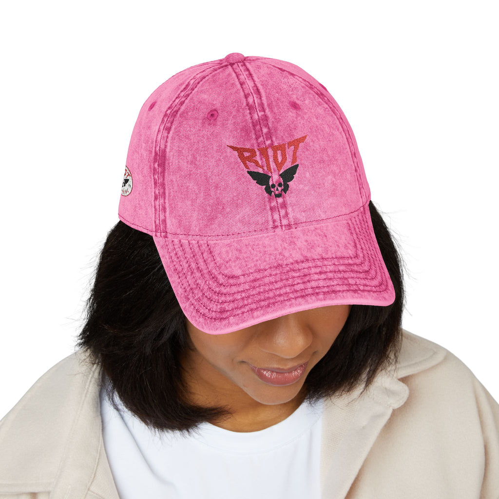 Vintage Embroidered Cap — 'RIOT' Skull Logo Distressed Baseball Hat