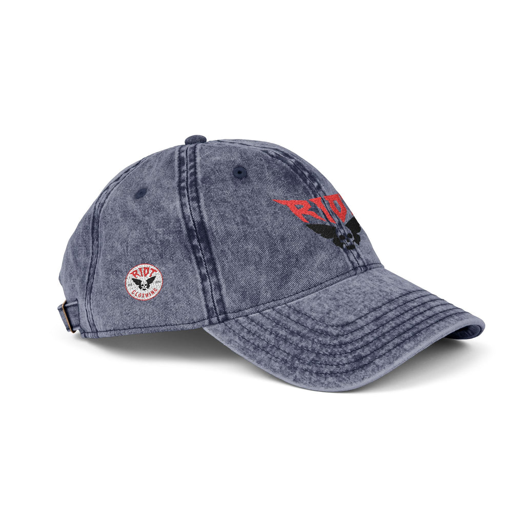 Vintage Embroidered Cap — 'RIOT' Skull Logo Distressed Baseball Hat