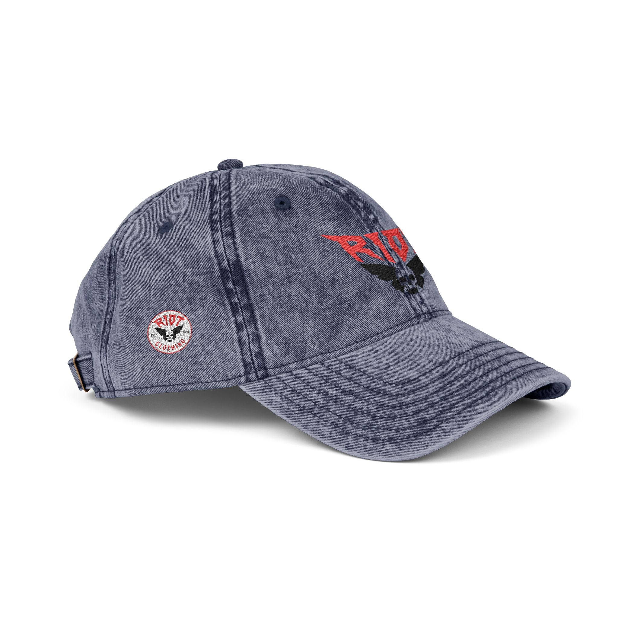 Vintage Embroidered Cap — 'RIOT' Skull Logo Distressed Baseball Hat