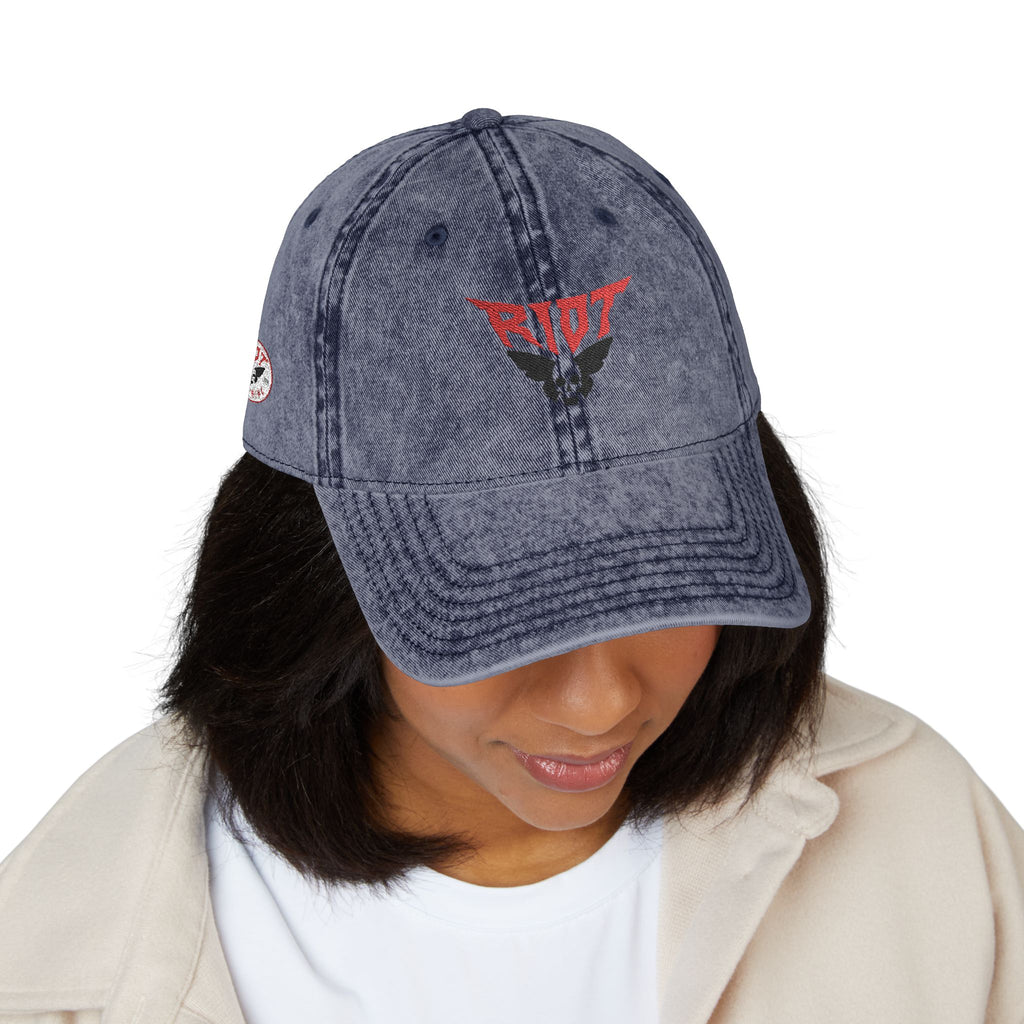 Vintage Embroidered Cap — 'RIOT' Skull Logo Distressed Baseball Hat