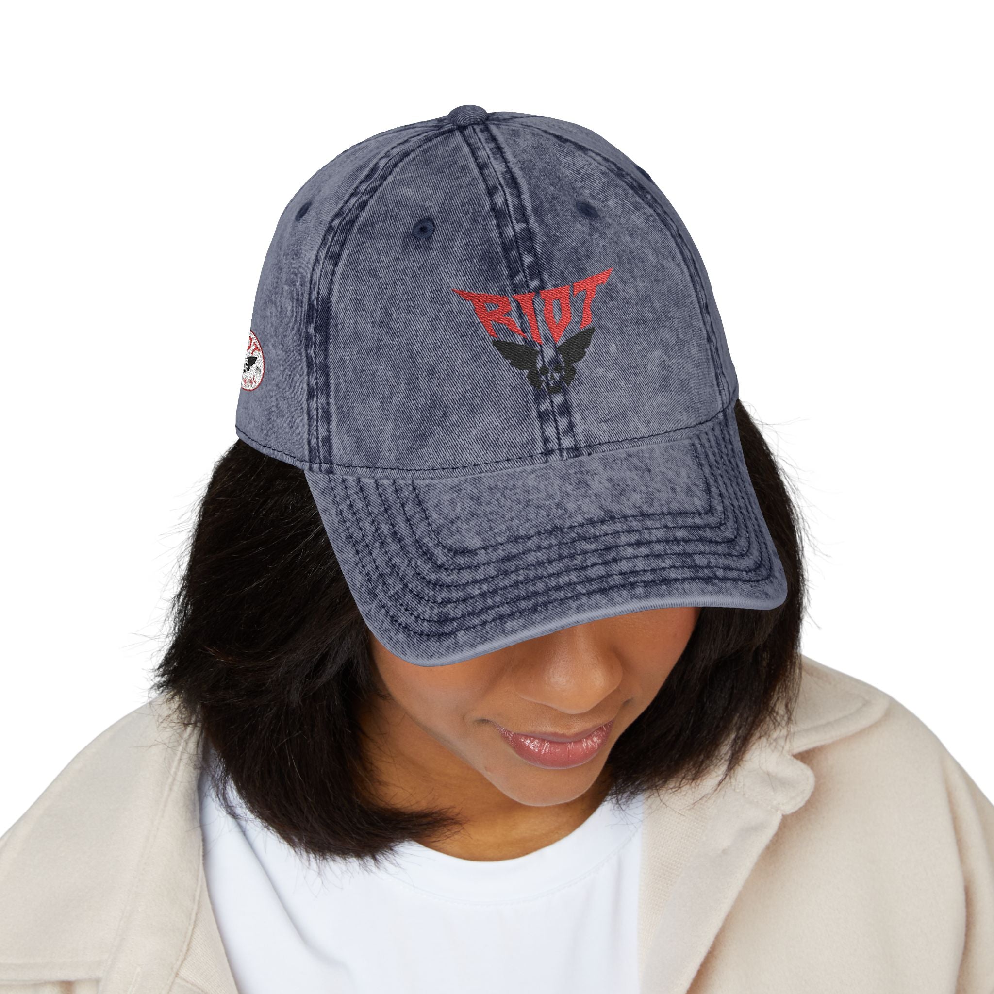 Vintage Embroidered Cap — 'RIOT' Skull Logo Distressed Baseball Hat